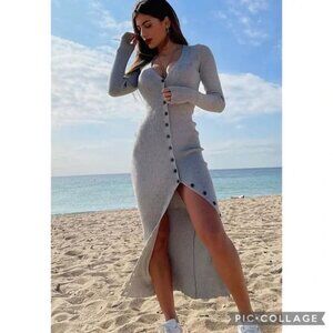 FASHION NOVA V-Neck Button Down Ribbed Knit Sweater Dress Duster